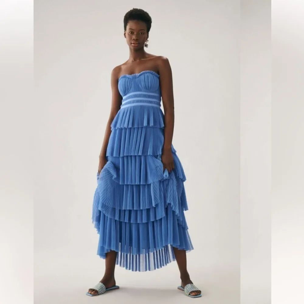 Anthropologie Hutch Strapless Tiered Tulle Dress Blue Size 10P